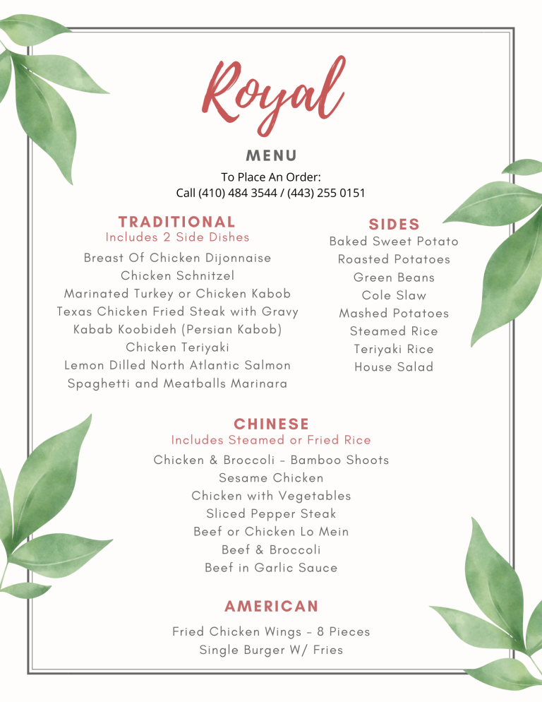 Menu Royal Kosher Restaurant & Catering